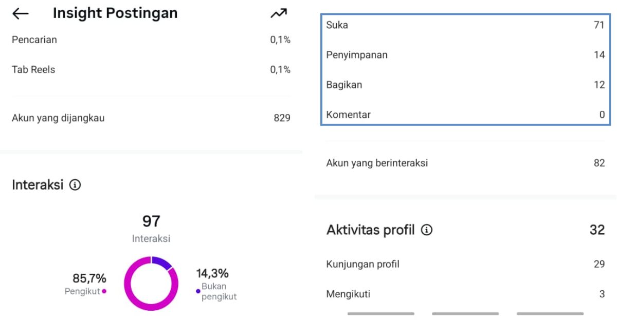 Insight performa postingan Instagram dengan metrik KPI social media seperti like, share, save, reach, dan interaksi audiens.
