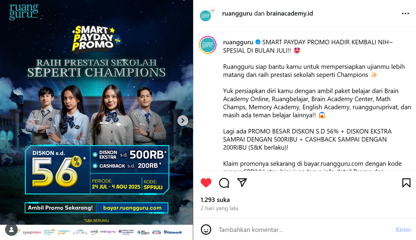 Sosial Media Instagram Ruangguru, menyebarkan promosi yang diintegrasikan dengan program COC