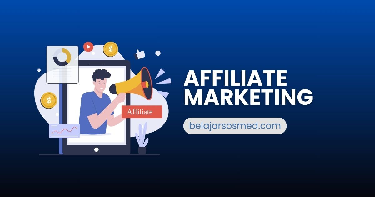 Ilustrasi affiliate marketing dengan seseorang membagikan link dan mendapatkan komisi dari pembelian sebagai jenis digital marketing
