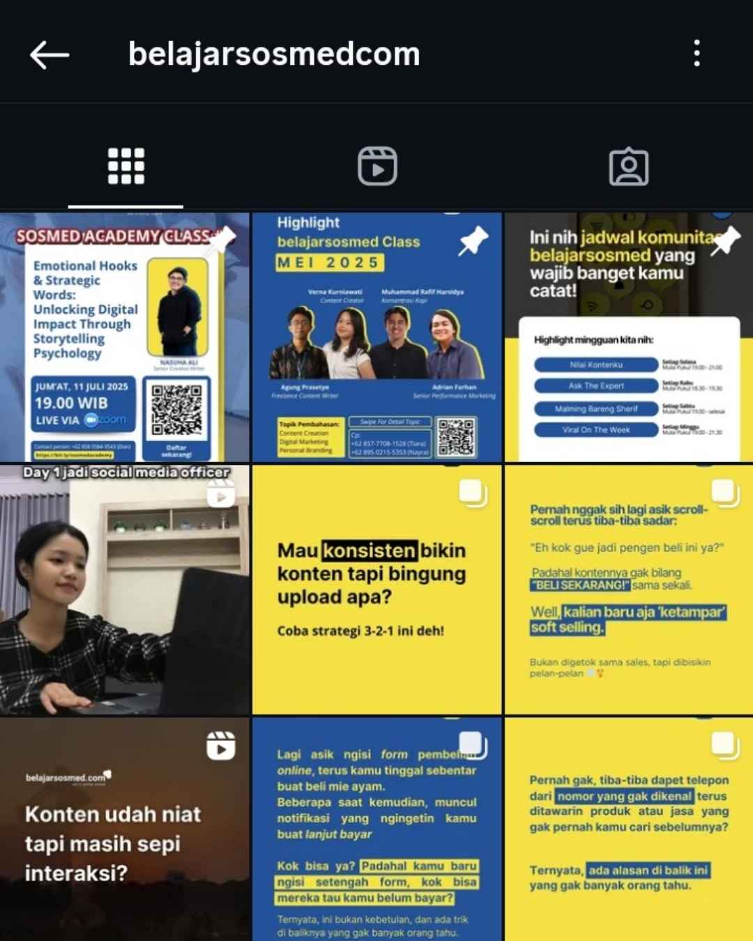 Tampilan Instagram @belajarsosmedcom berisi konten edukatif digital marketing dan strategi content marketing sebagai jenis digital marketing