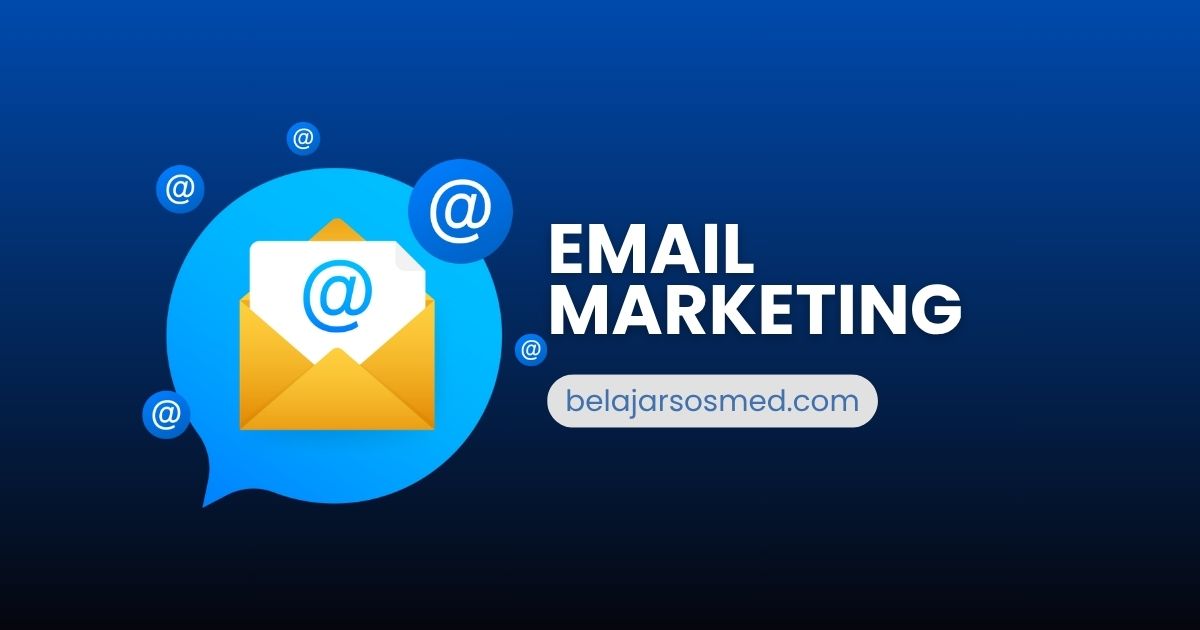 Ilustrasi strategi email marketing dengan ikon email, notifikasi, dan perangkat digital sebagai jenis digital marketing