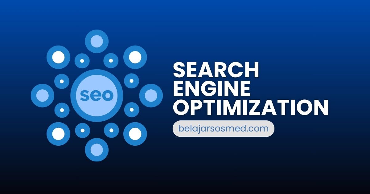 Ilustrasi jenis digital marketing visual bertema SEO dengan teks "Search Engine Optimization" dan domain belajarsosmed.com.