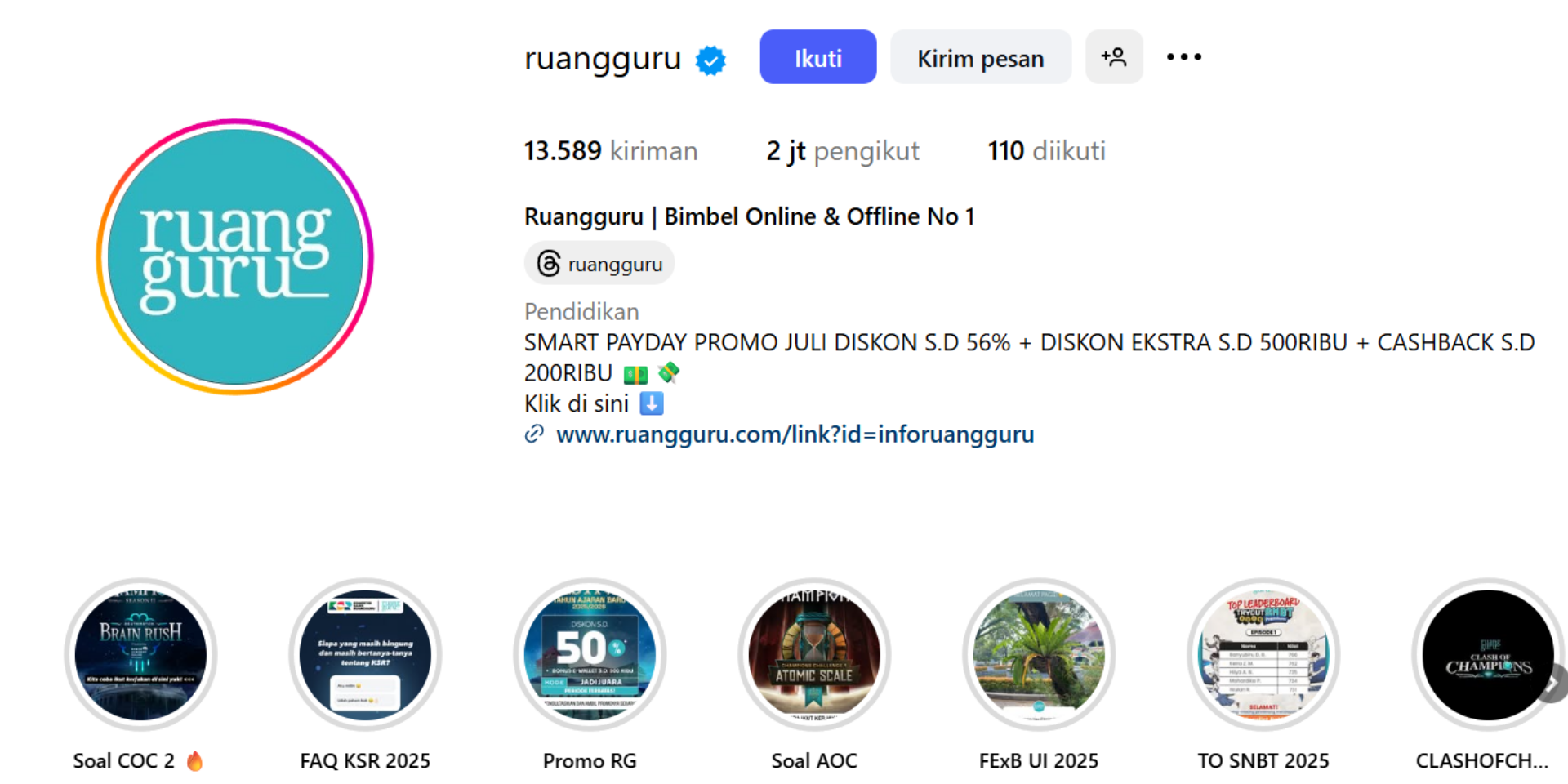 Laman akun sosial media Instagram Ruangguru