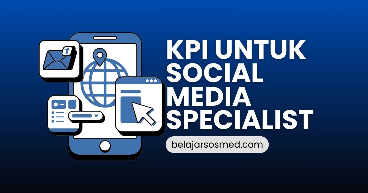 Grafik analisis KPI social media specialist dengan ikon engagement, reach, CTR, dan followers
