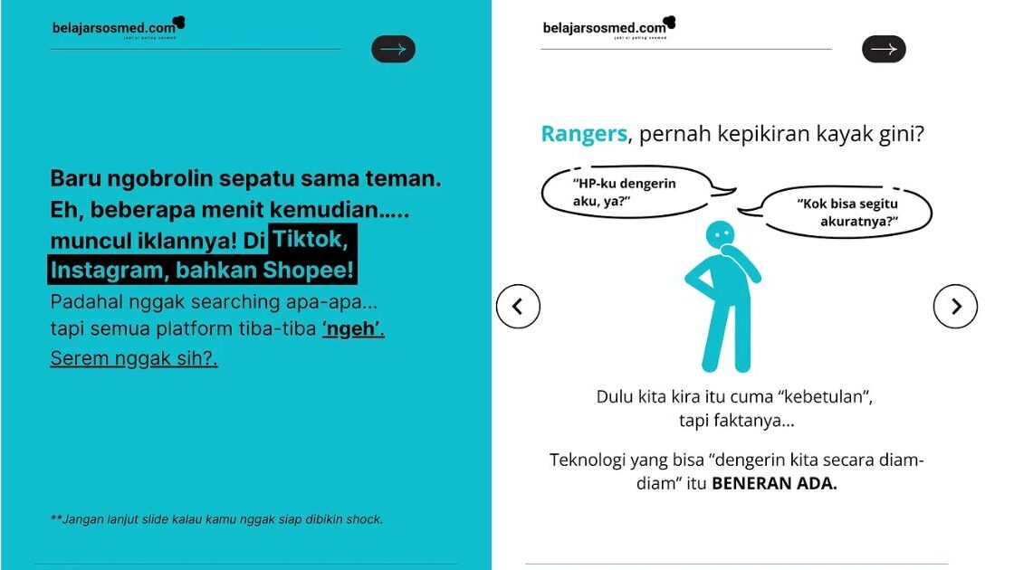 Contoh microblog carousel Instagram dari @belajarsosmedcom yang menyajikan edukasi seputar media sosial dalam format slide informatif dan terstruktur.