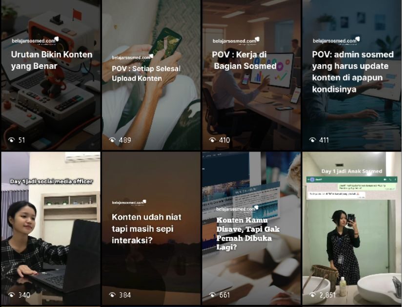 Cuplikan konten video dari Instagram @belajarsosmedcom yang membahas strategi konten digital dengan gaya visual dinamis dan caption edukatif.