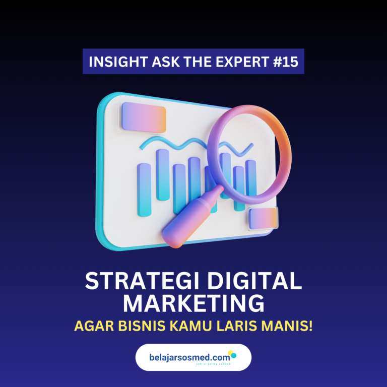 Ilustrasi dua orang sedang berdiskusi di depan laptop dengan teks “Strategi Digital Marketing Agar Bisnismu Laris Manis”