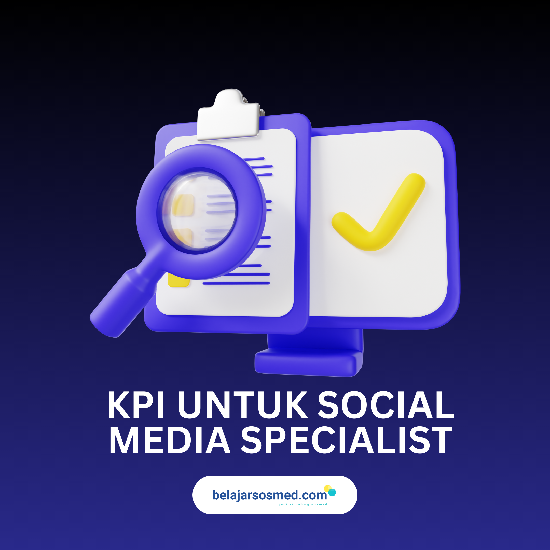 Grafik analisis KPI social media specialist dengan ikon engagement, reach, CTR, dan followers