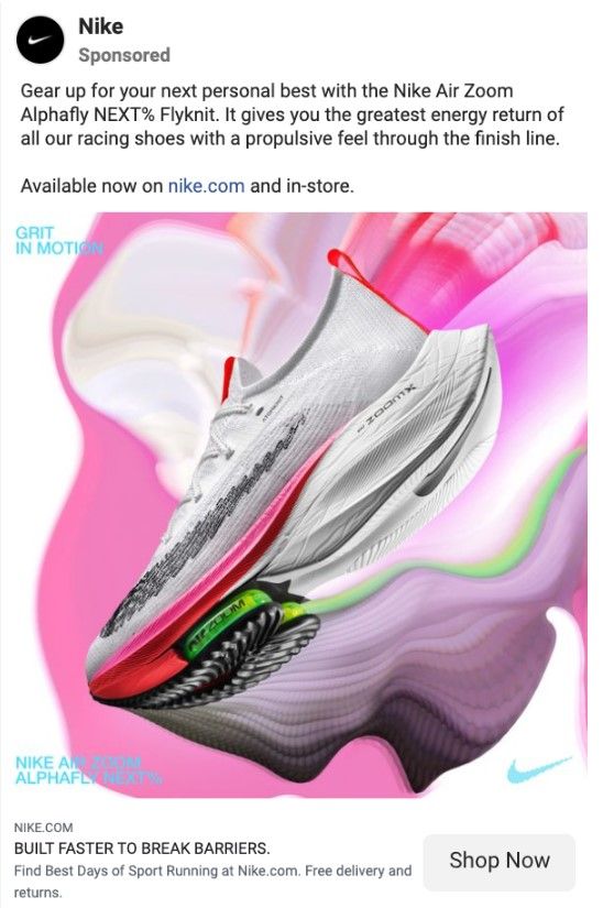Contoh jenis iklan di media sosial Facebook Ads untuk sepatu Nike dengan kampanye promosi produk fashion